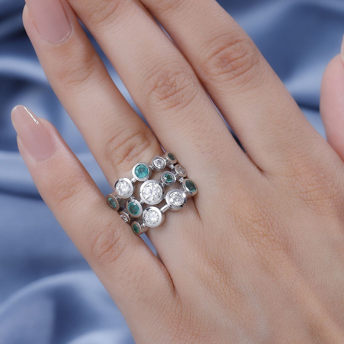 Moissanite &amp; Gemfield Emerald Bubble Ring in Rhodium Overlay Sterling Silver 2.21 Ct. 7884313 2
