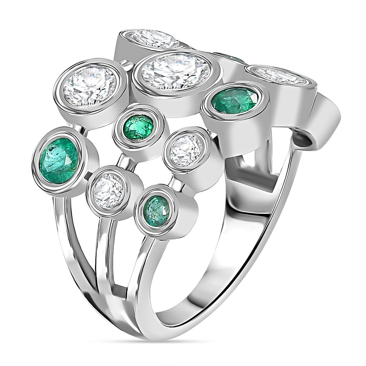 Moissanite &amp; Gemfield Emerald Bubble Ring in Rhodium Overlay Sterling Silver 2.21 Ct. 7884313 3