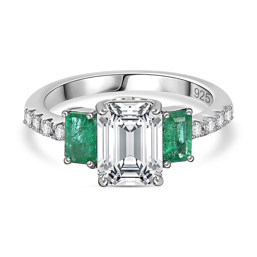 Moissanite & Emerald Ring in Rhodium Overlay Sterling Silver 2.26 Ct