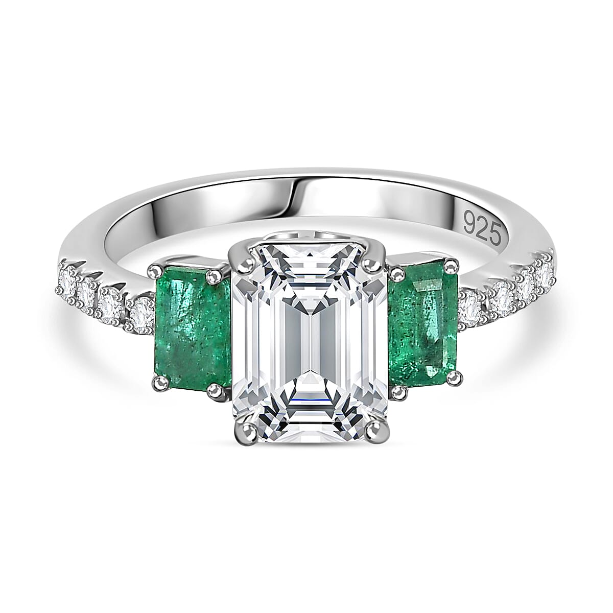 Moissanite &amp; Emerald Ring in Rhodium Overlay Sterling Silver 2.26 Ct 7780358 0