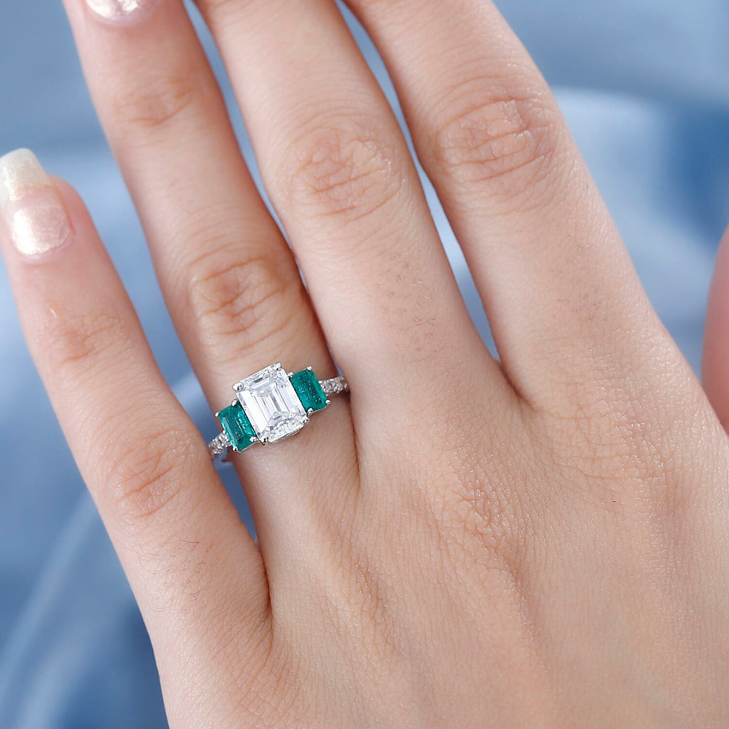 Moissanite & Emerald Ring in Rhodium Overlay Sterling Silver 2.26 Ct
