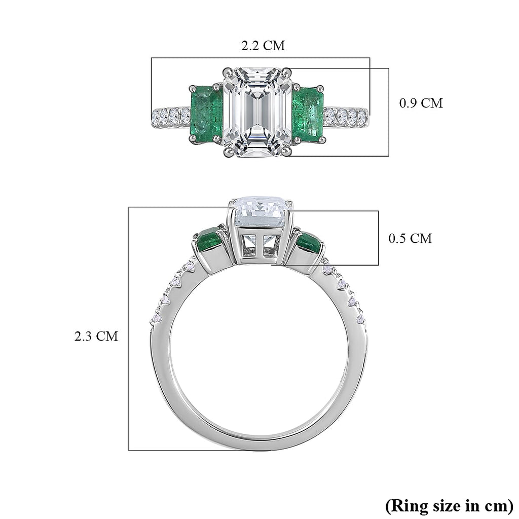 Moissanite & Emerald Ring in Rhodium Overlay Sterling Silver 2.26 Ct
