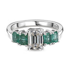 Emerald Cut Moissanite and AAA Gemfield Zambian Emerald  Ring in Platinum Overlay Sterling Silver. Total wt 2.00  Cts
