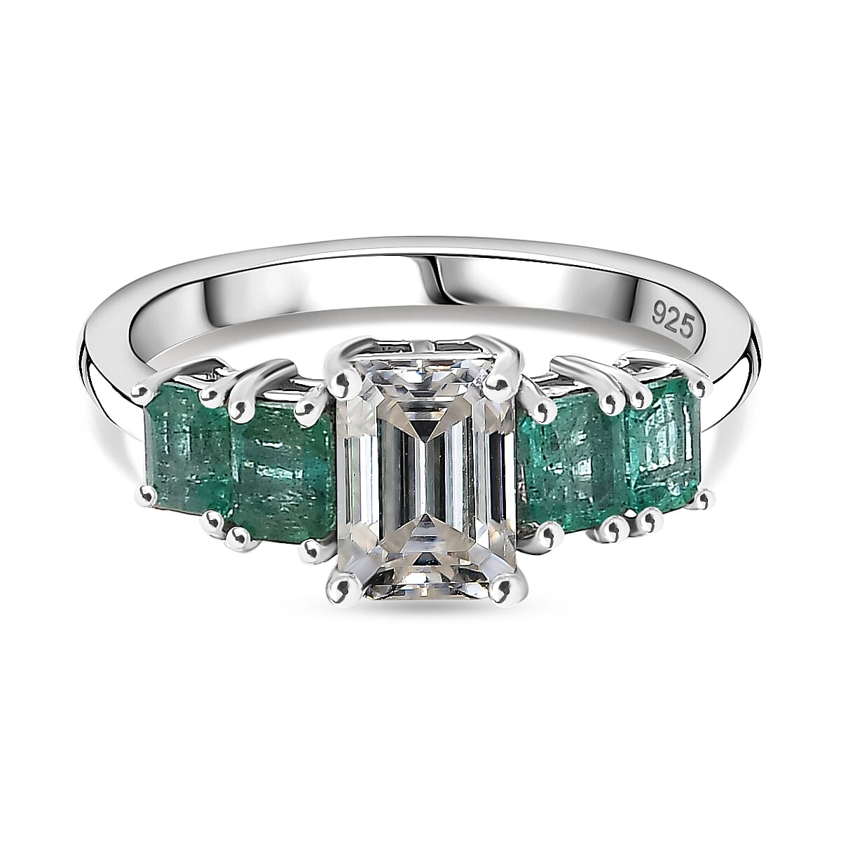 Emerald-Cut Moissanite and AAA Gemfield Zambian Emerald Ring in Platinum Plated Sterling Silver 2.00 Ct 7810678 0