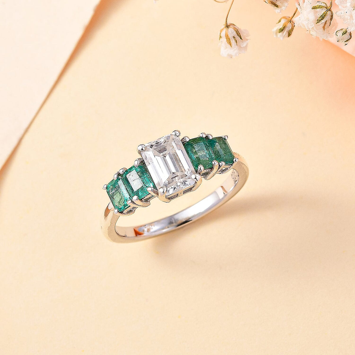 Emerald-Cut Moissanite and AAA Gemfield Zambian Emerald Ring in Platinum Plated Sterling Silver 2.00 Ct 7810678 2