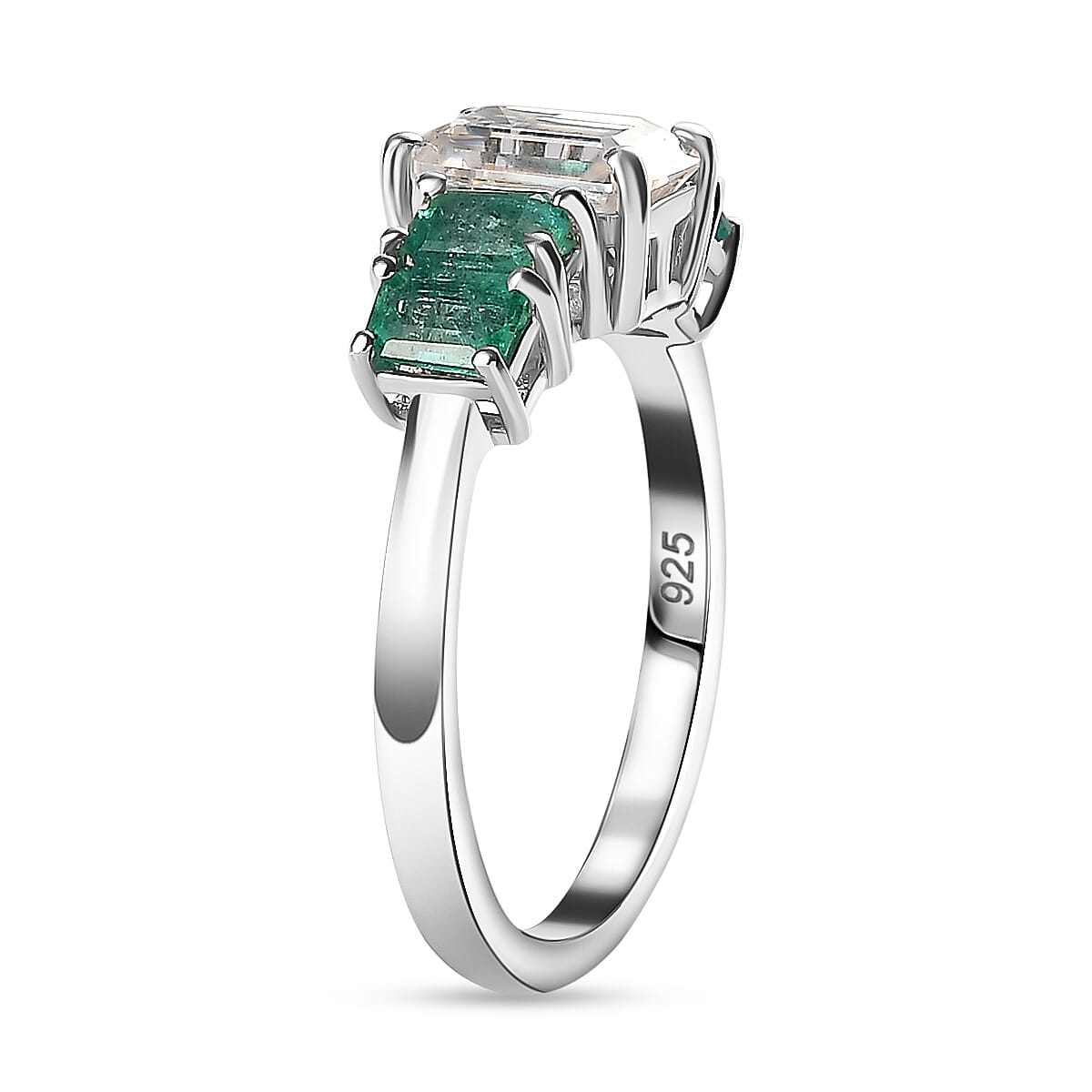 Emerald-Cut Moissanite and AAA Gemfield Zambian Emerald Ring in Platinum Plated Sterling Silver 2.00 Ct 7810678 4