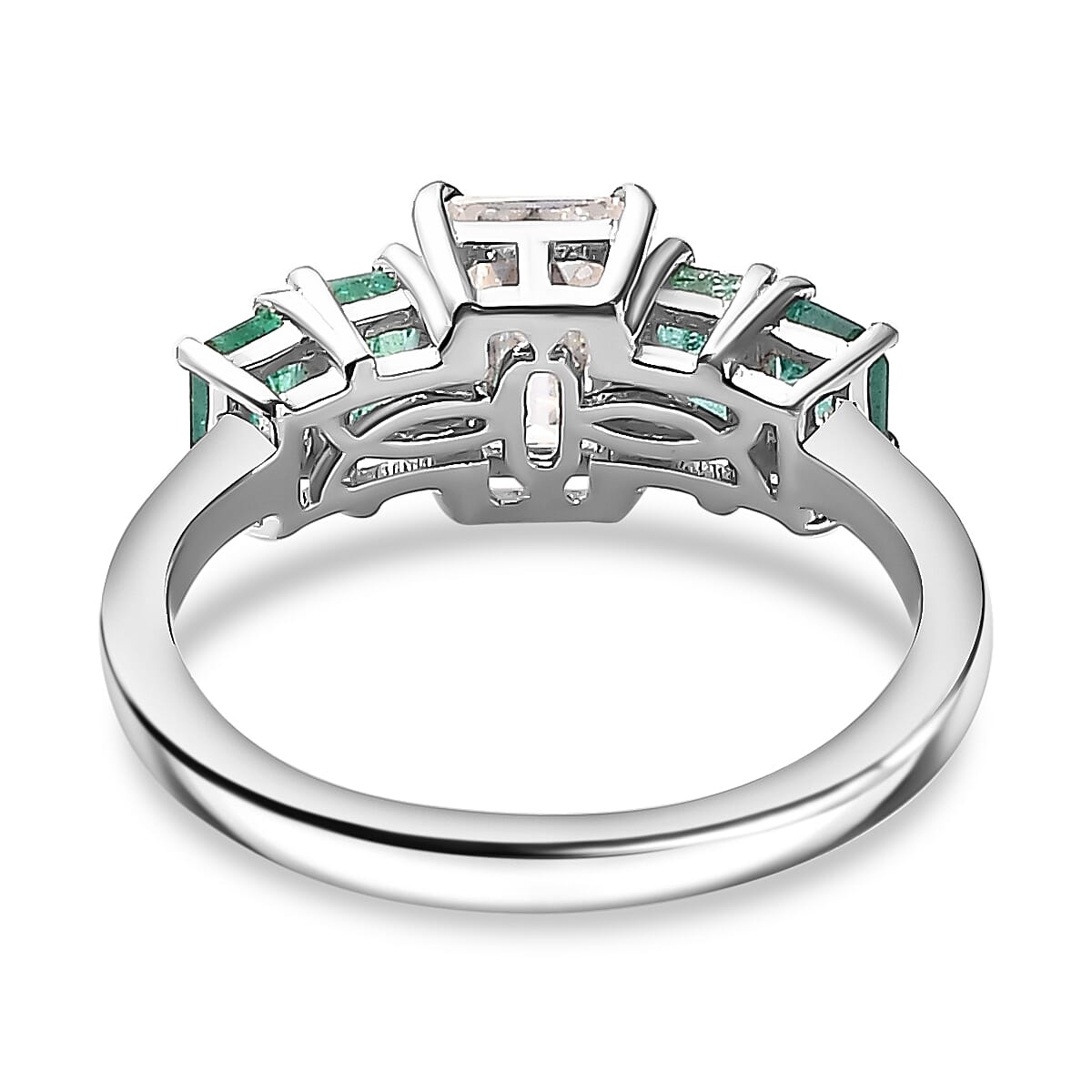 Emerald-Cut Moissanite and AAA Gemfield Zambian Emerald Ring in Platinum Plated Sterling Silver 2.00 Ct 7810678 5
