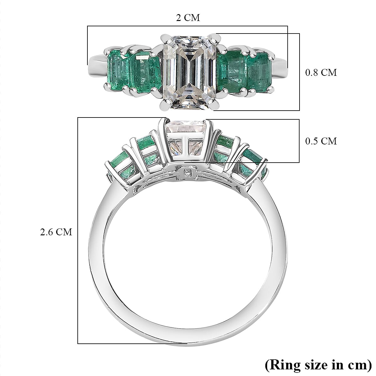 Emerald-Cut Moissanite and AAA Gemfield Zambian Emerald Ring in Platinum Plated Sterling Silver 2.00 Ct 7810678 6