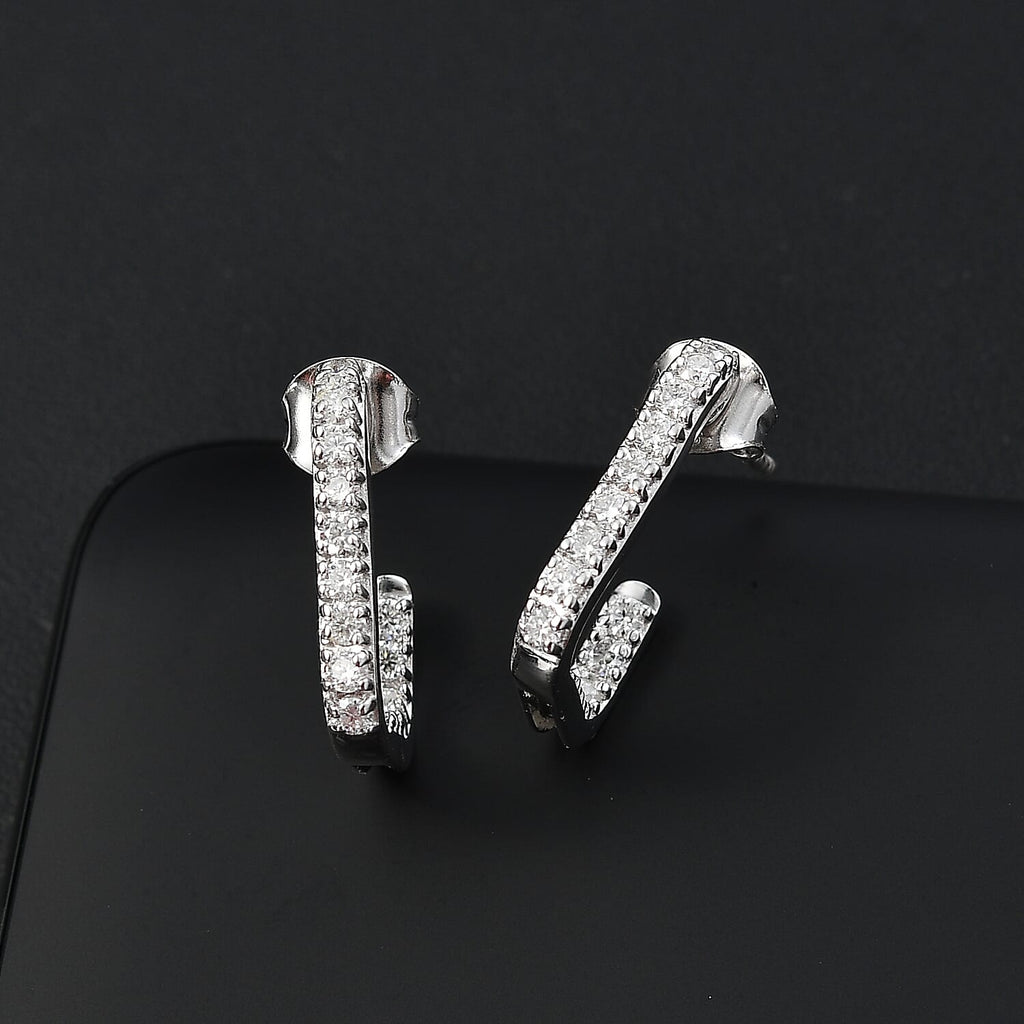 Moissanite J-Hoop Earring with Push Back in Rhodium Overlay Sterling Silver