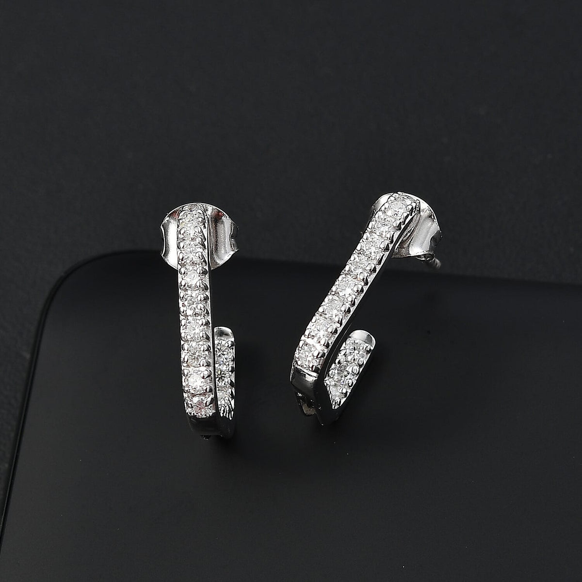 Moissanite J-Hoop Earring with Push Back in Rhodium Overlay Sterling Silver 8055777 2