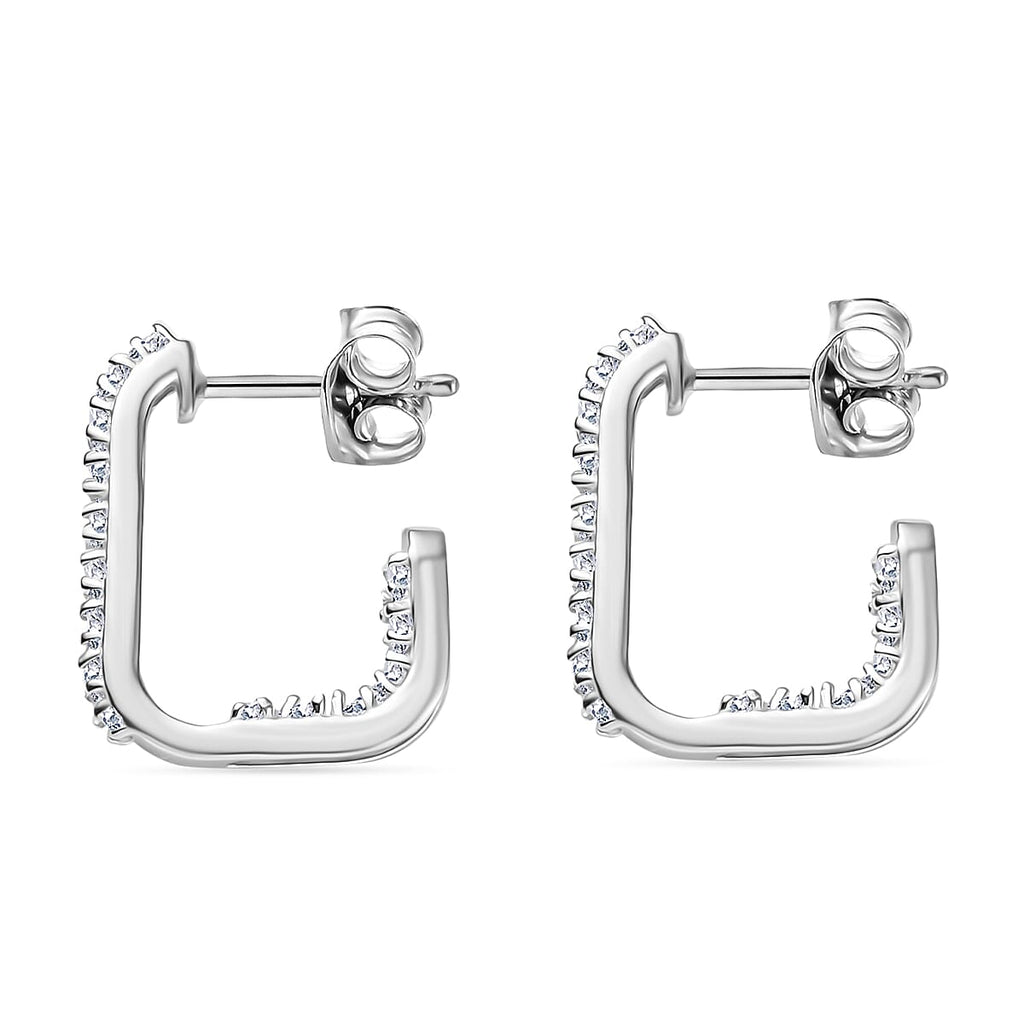 Moissanite J-Hoop Earring with Push Back in Rhodium Overlay Sterling Silver