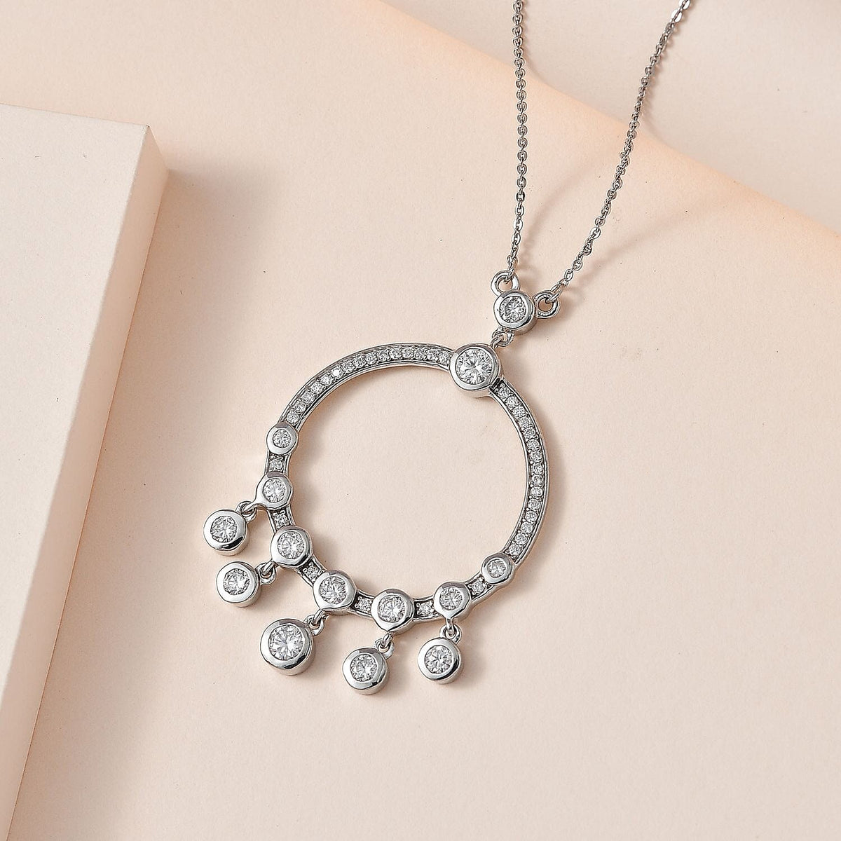 Moissanite Dangle Hoop Necklace (Size - 20) in Platinum Overlay Sterling Silver 1.96 Ct, Silver Wt 6.75 GM 7668915 3