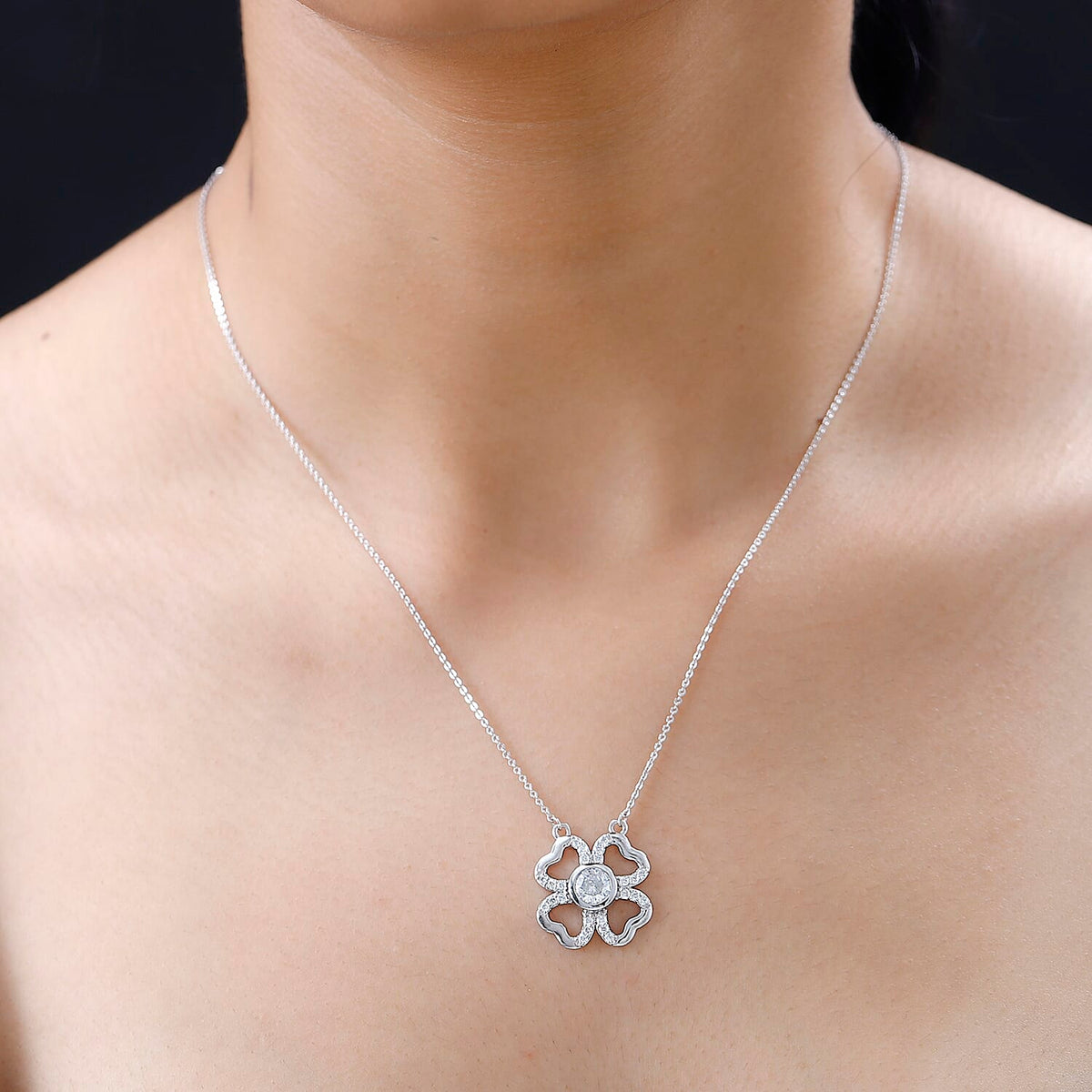Designer Inspired - Moissanite Clover Necklace (Size - 20) in Platinum Overlay Sterling Silver 7678945 1