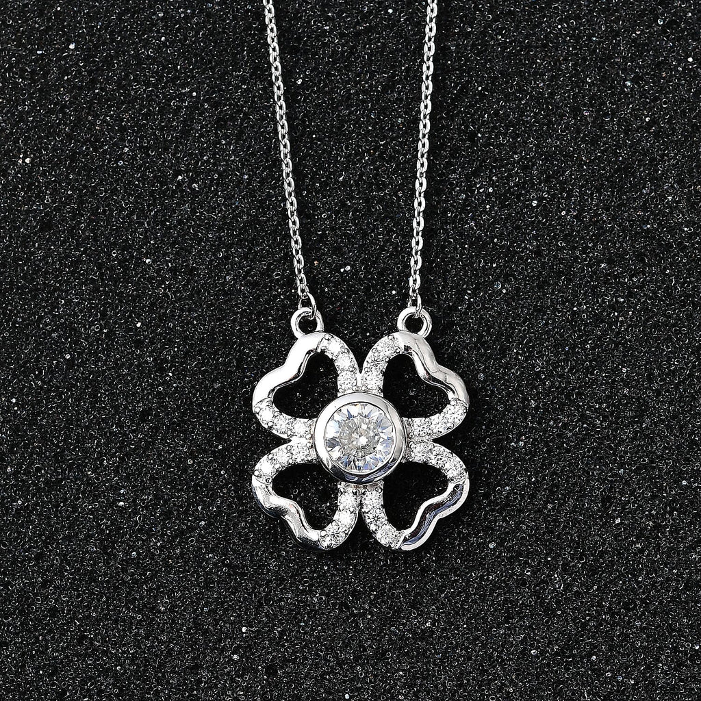 Designer Inspired - Moissanite Clover Necklace (Size - 20) in Platinum Overlay Sterling Silver