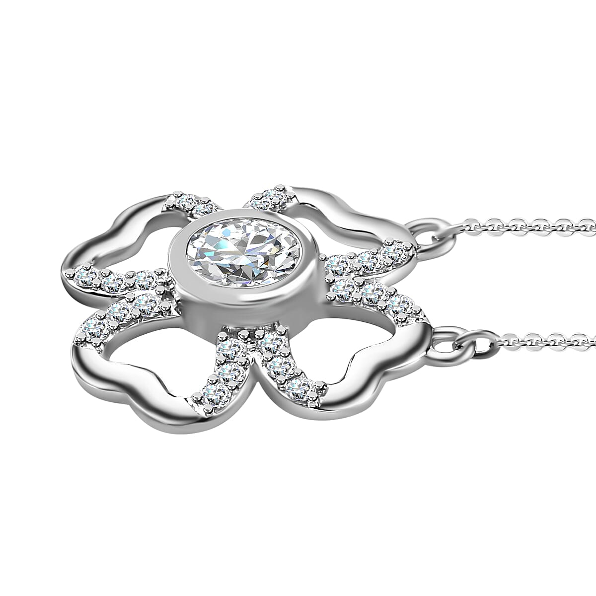 Designer Inspired - Moissanite Clover Necklace (Size - 20) in Platinum Overlay Sterling Silver 7678945 3