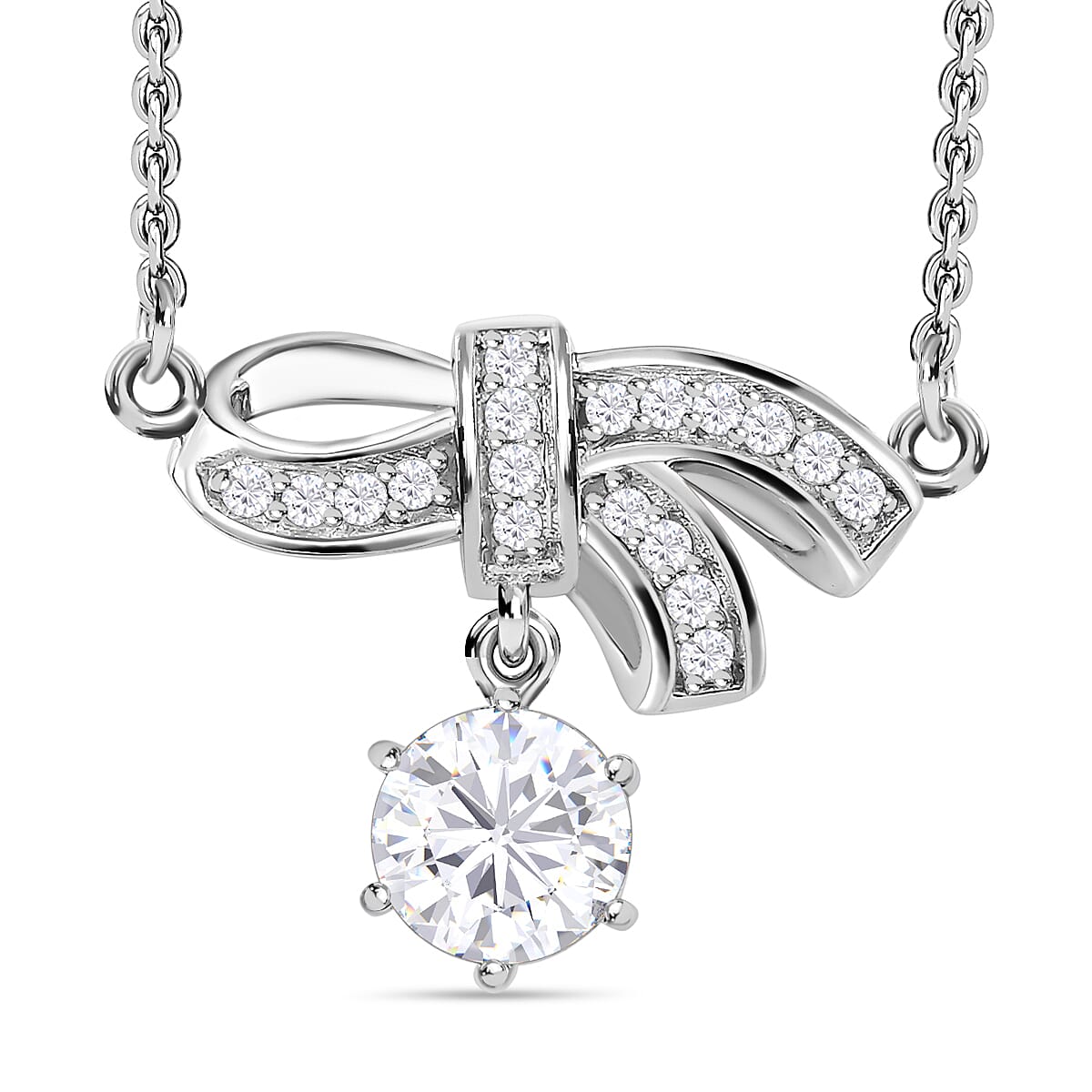 Moissanite Bowknot Necklace (Size - 20) in Platinum Overlay Sterling Silver 7753566 0