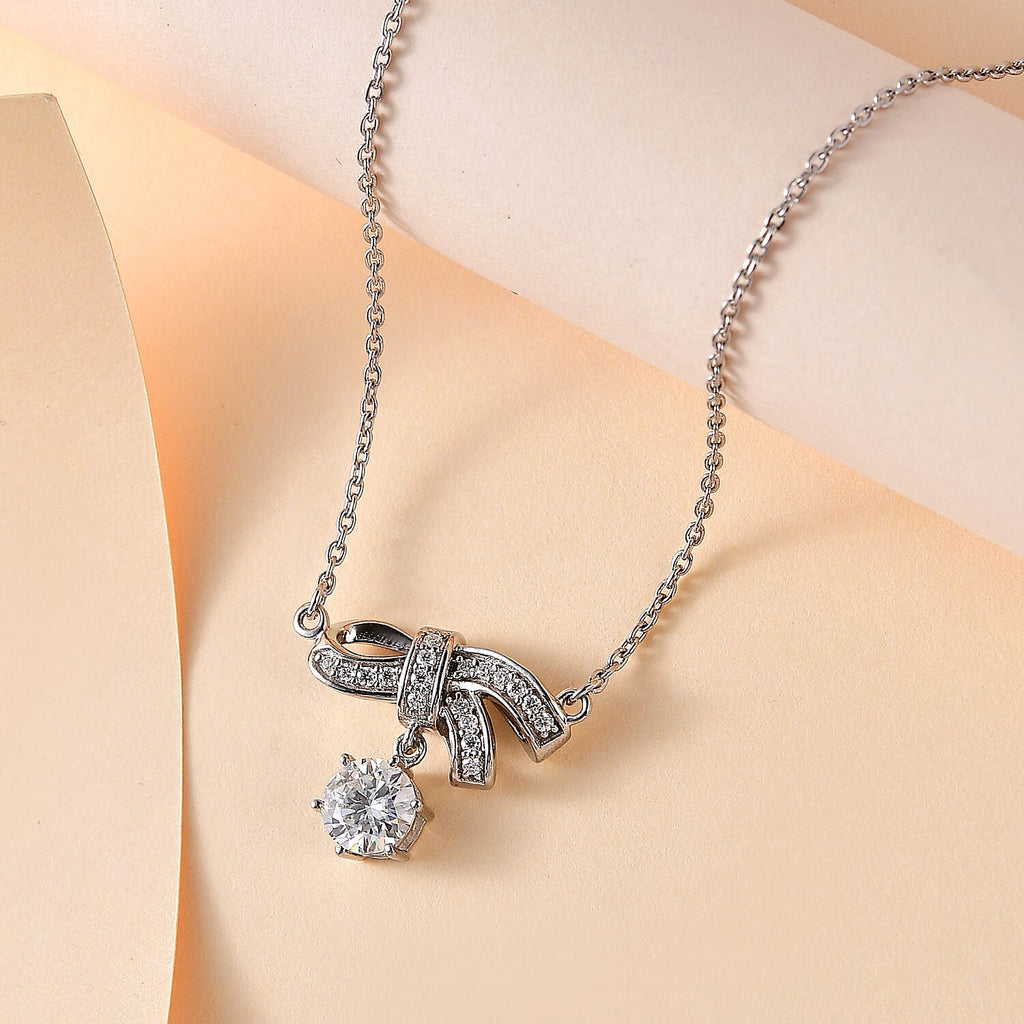 Moissanite Bowknot Necklace (Size - 20) in Platinum Overlay Sterling Silver