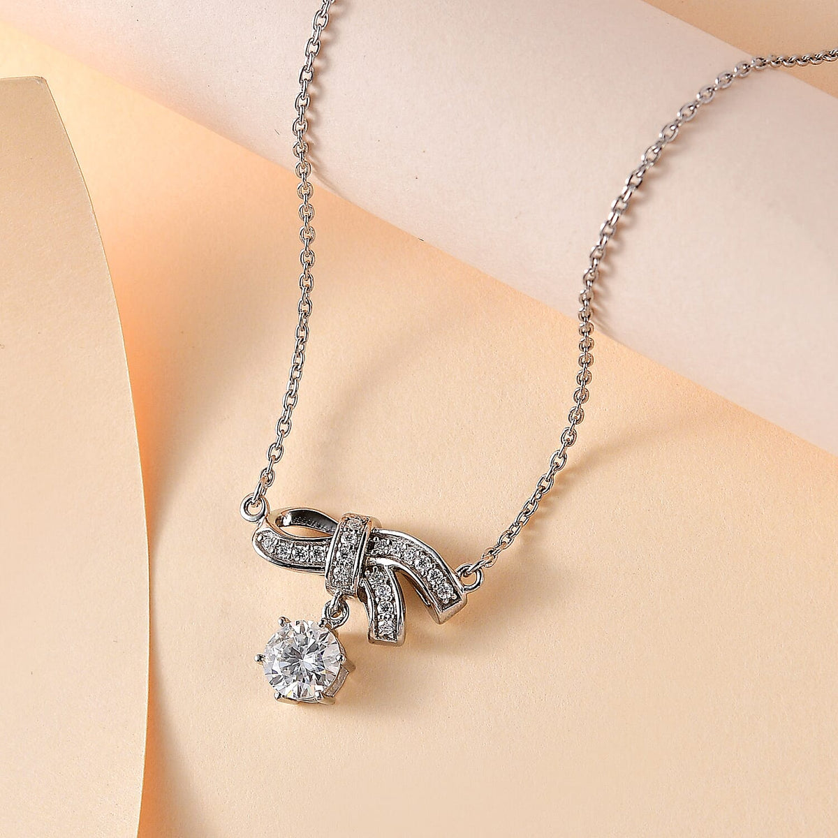 Moissanite Bowknot Necklace (Size - 20) in Platinum Overlay Sterling Silver 7753566 3