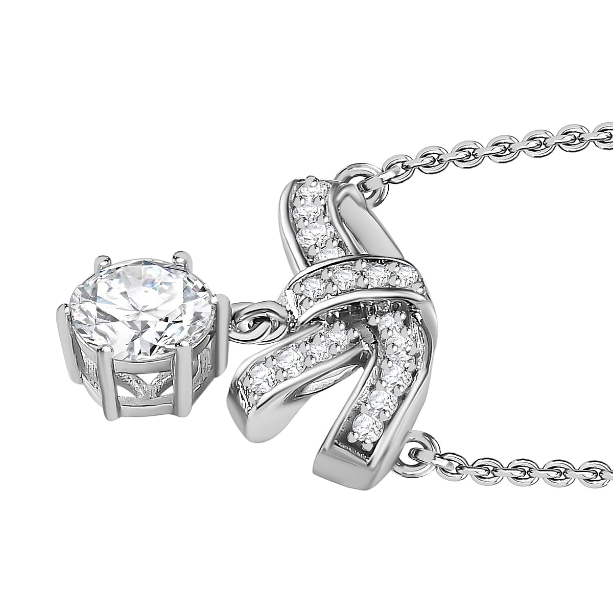 Moissanite Bowknot Necklace (Size - 20) in Platinum Overlay Sterling Silver 7753566 4