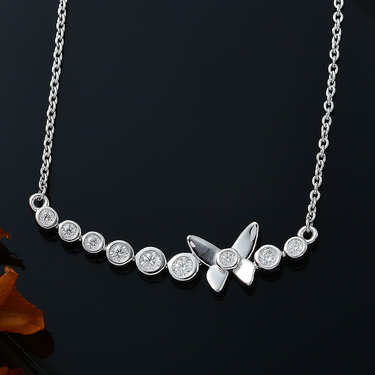 Moissanite Butterfly Necklace (Size - 20) in Rhodium Overlay Sterling Silver 0.43 ct. 7853243 2
