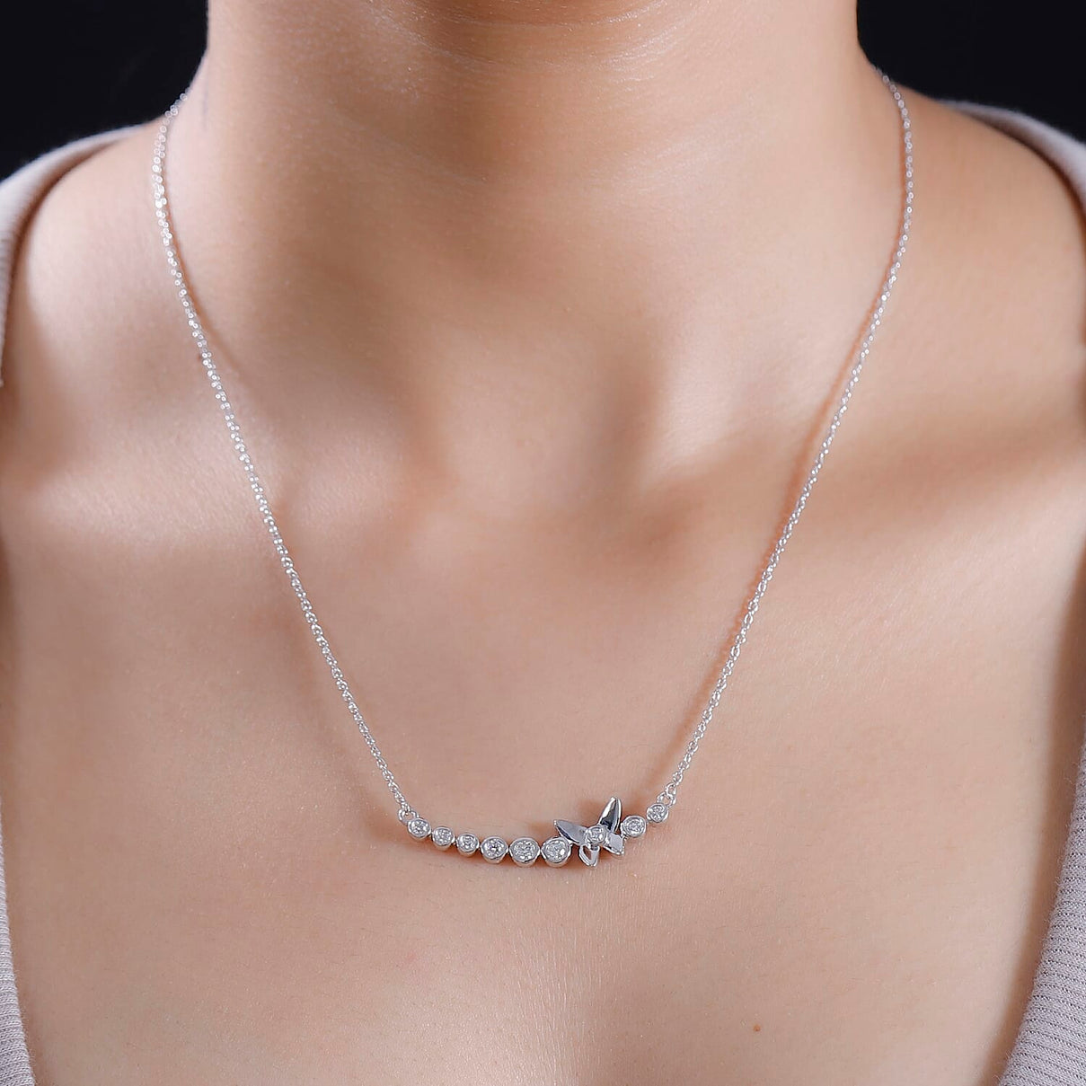 Moissanite Butterfly Necklace (Size - 20) in Rhodium Overlay Sterling Silver 0.43 ct. 7853243 3