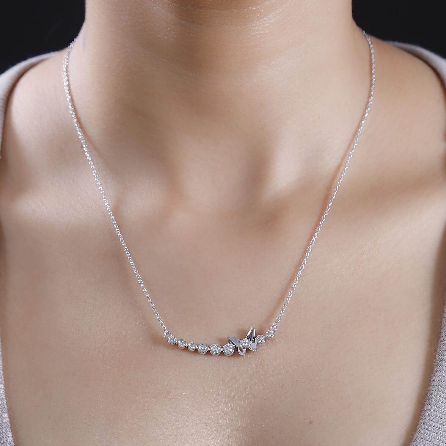 Moissanite Butterfly Necklace (Size - 20) in Rhodium Overlay Sterling Silver 0.43 ct. 7853243 3