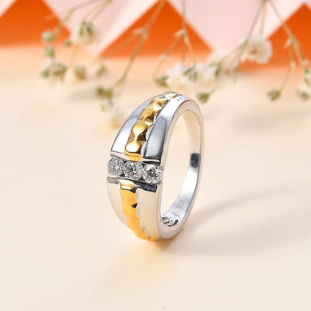 Moissanite 3 Stone Ring in 18K Vermeil YG & Rhodium Plated Sterling Silver