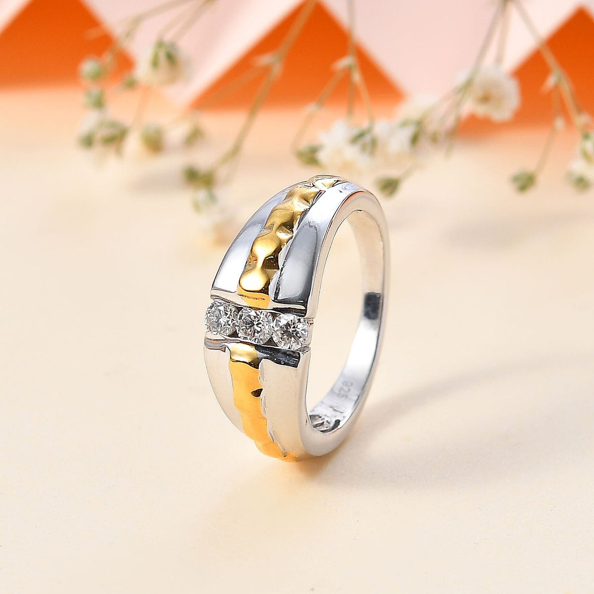 Moissanite 3 Stone Ring in 18K Vermeil Yellow Gold and Rhodium Plated Sterling Silver 7794672 1