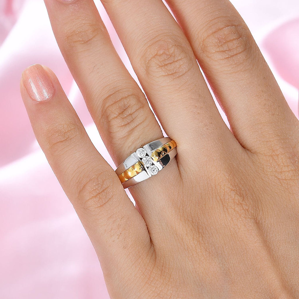 Moissanite 3 Stone Ring in 18K Vermeil YG & Rhodium Plated Sterling Silver