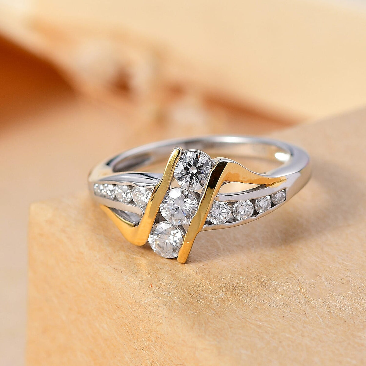 Moissanite Thunderbolt Trilogy Ring in 18K Vermeil Yellow Gold and Rhodium Plated Sterling Silver 7857149 1