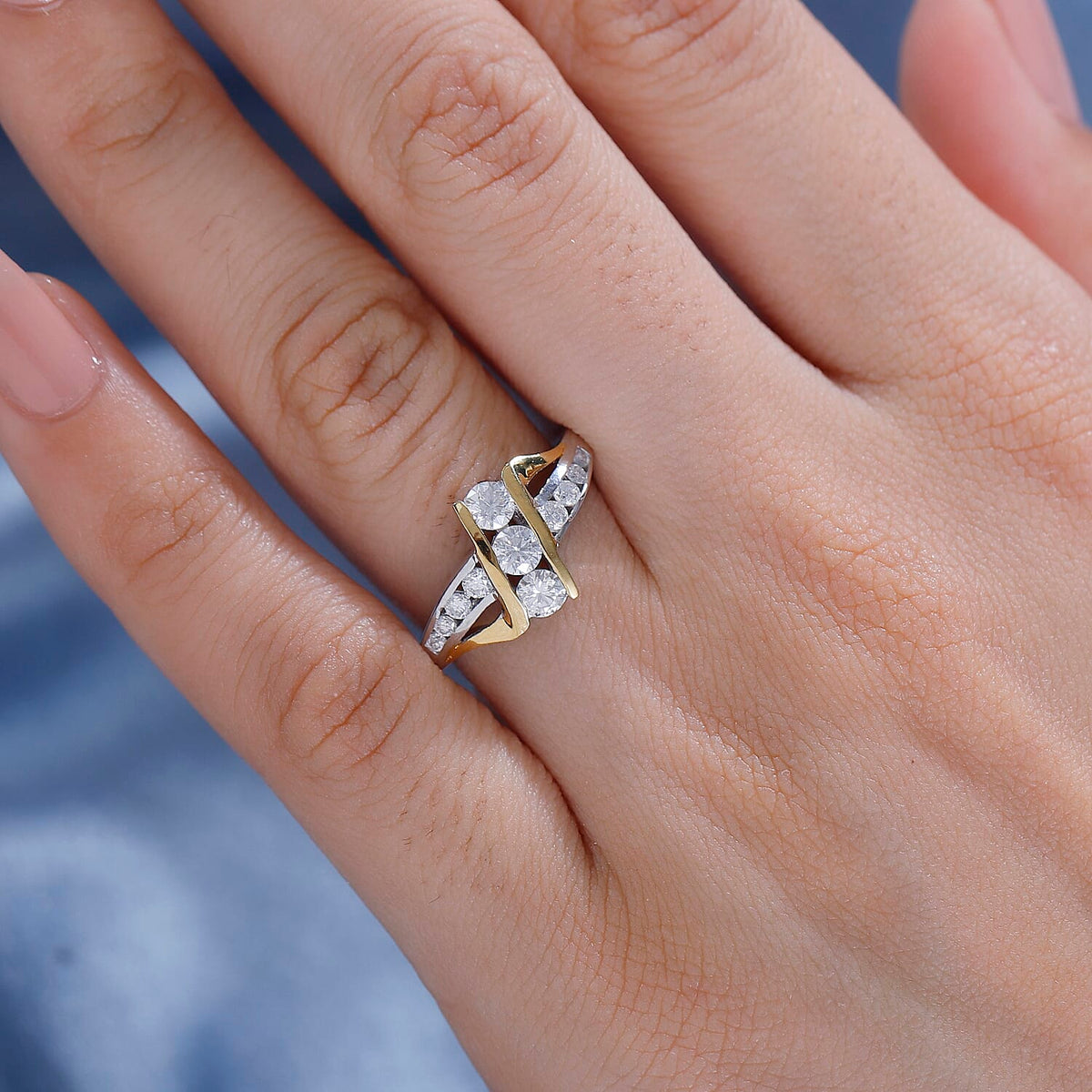 Moissanite Thunderbolt Trilogy Ring in 18K Vermeil Yellow Gold and Rhodium Plated Sterling Silver 7857149 2