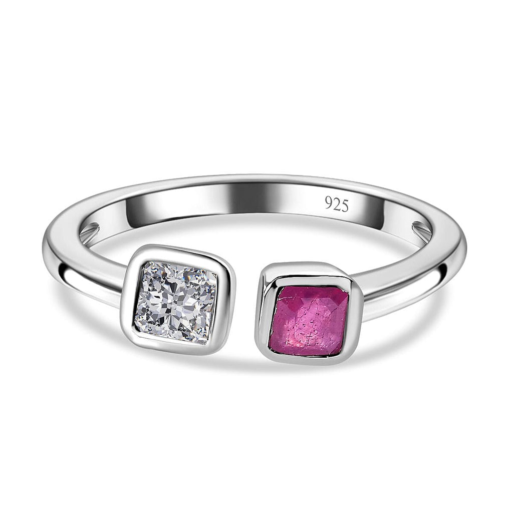 Ruby Asscher & Moissanite Cuff Ring in Platinum Overlay Sterling Silver