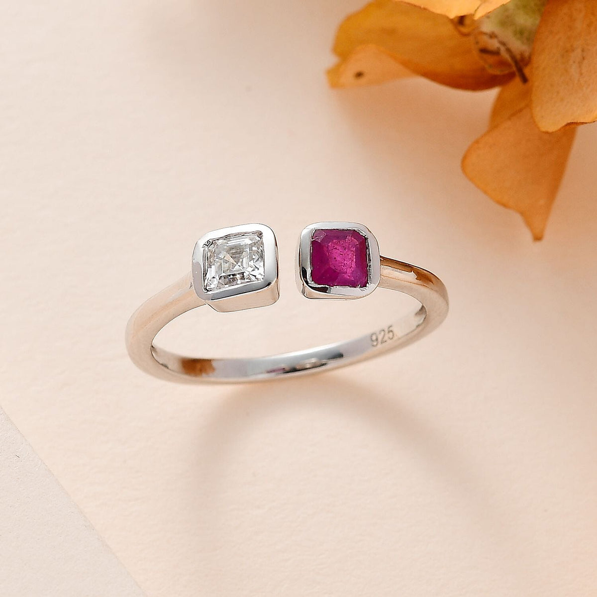 Ruby Asscher &amp; Moissanite Cuff Ring in Platinum Overlay Sterling Silver 7711305 1