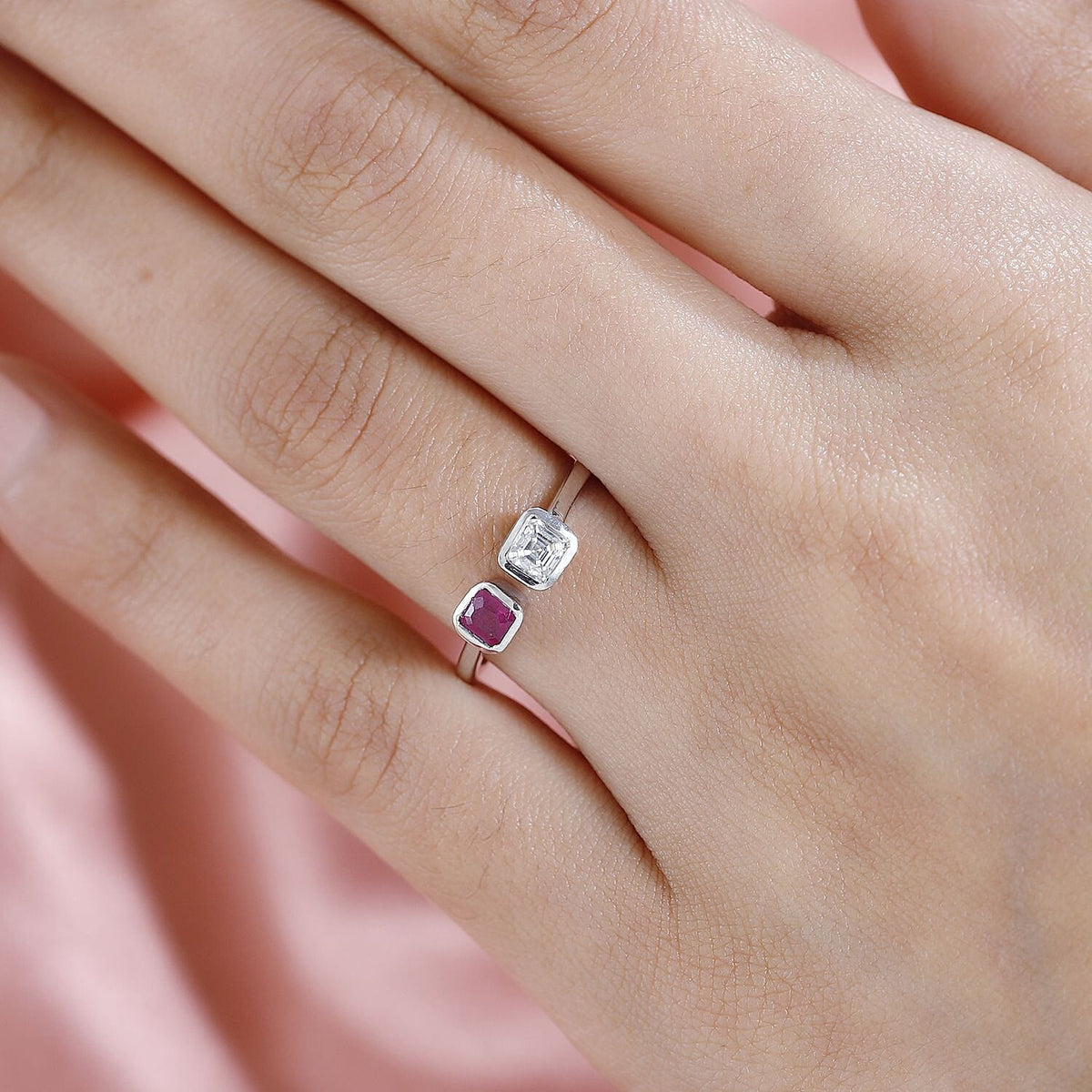 Ruby Asscher &amp; Moissanite Cuff Ring in Platinum Overlay Sterling Silver 7711305 2