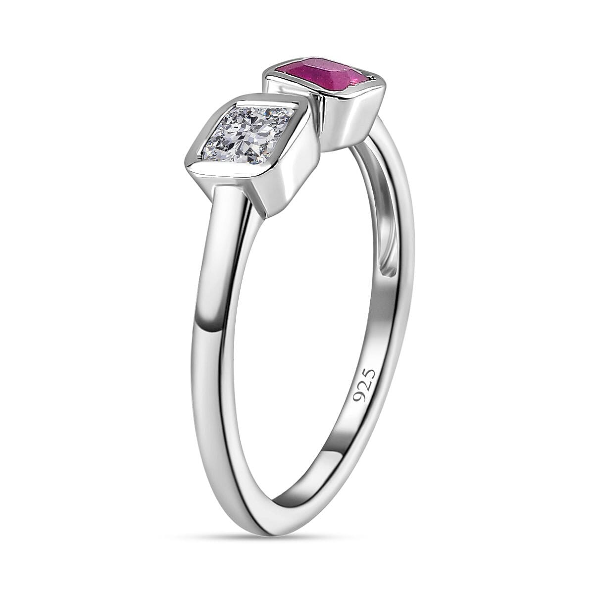 Ruby Asscher &amp; Moissanite Cuff Ring in Platinum Overlay Sterling Silver 7711305 3