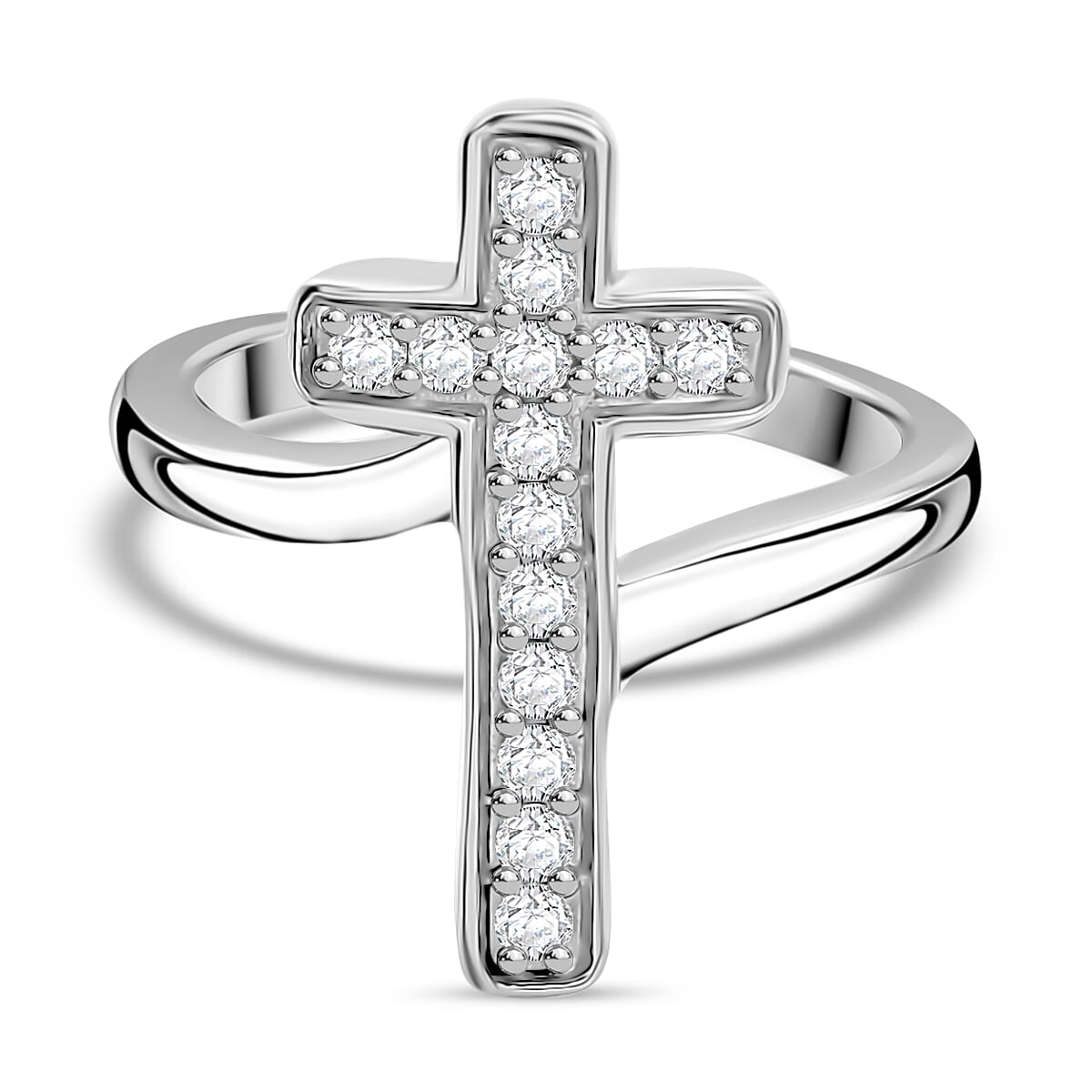 Moissanite Cross Ring in Rhodium Overlay Sterling Silver 7987795 0