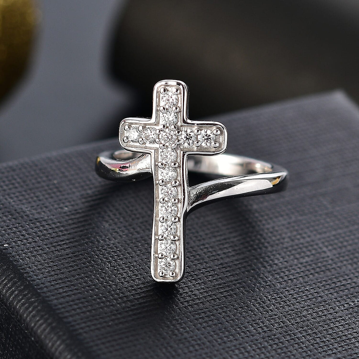 Moissanite Cross Ring in Rhodium Overlay Sterling Silver 7987795 1