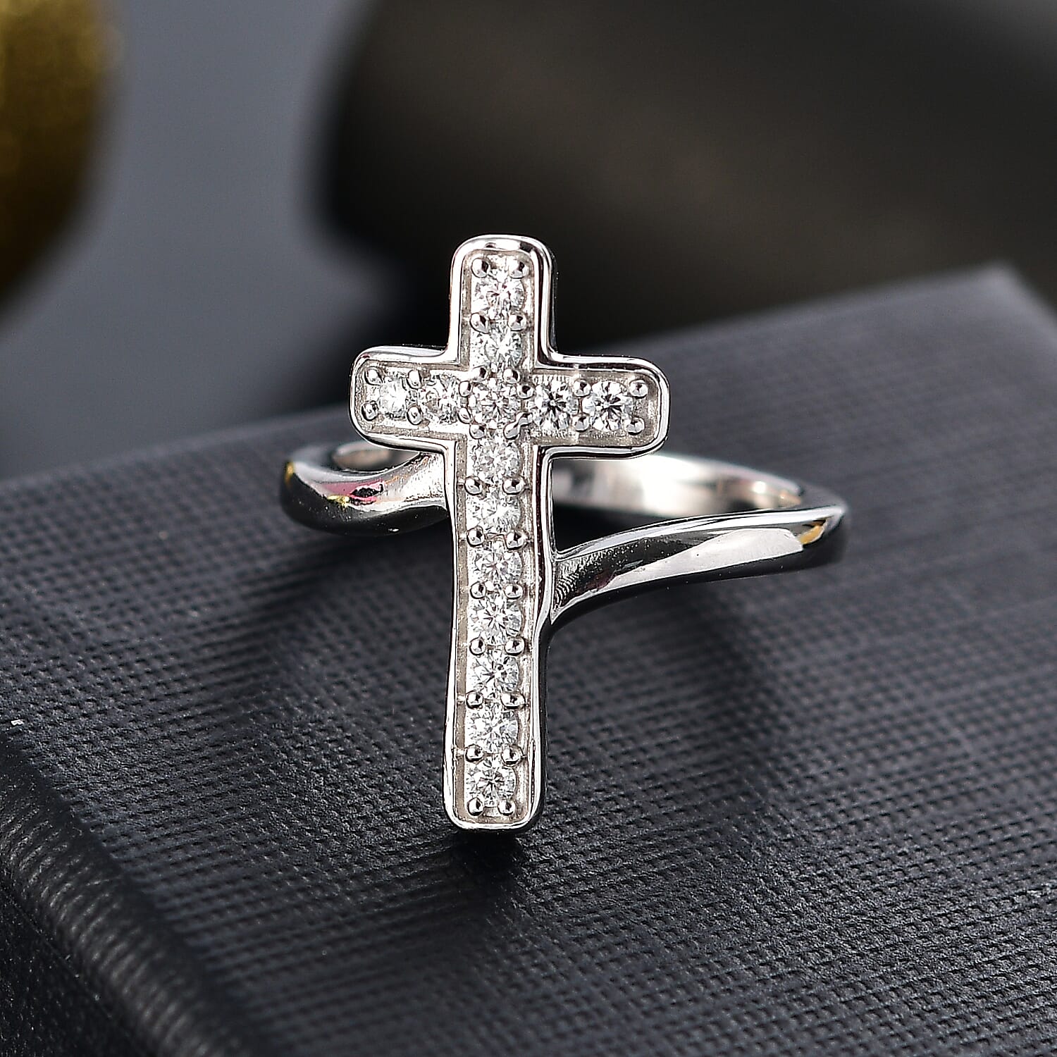 Moissanite Cross Ring in Rhodium Overlay Sterling Silver 7987795 1