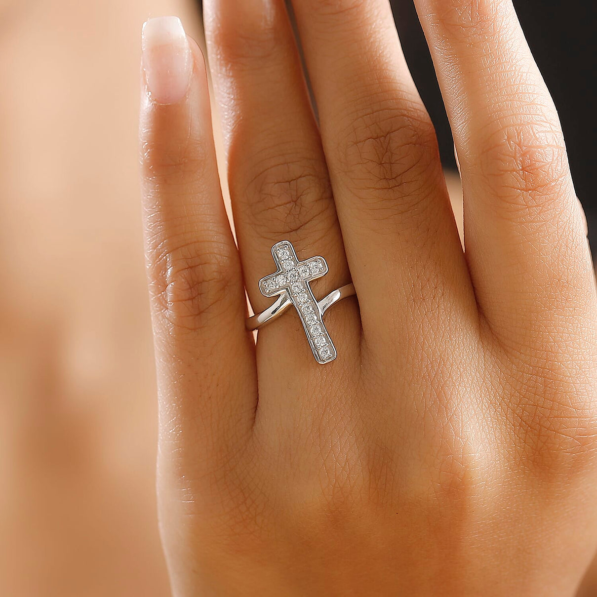 Moissanite Cross Ring in Rhodium Overlay Sterling Silver 7987795 2