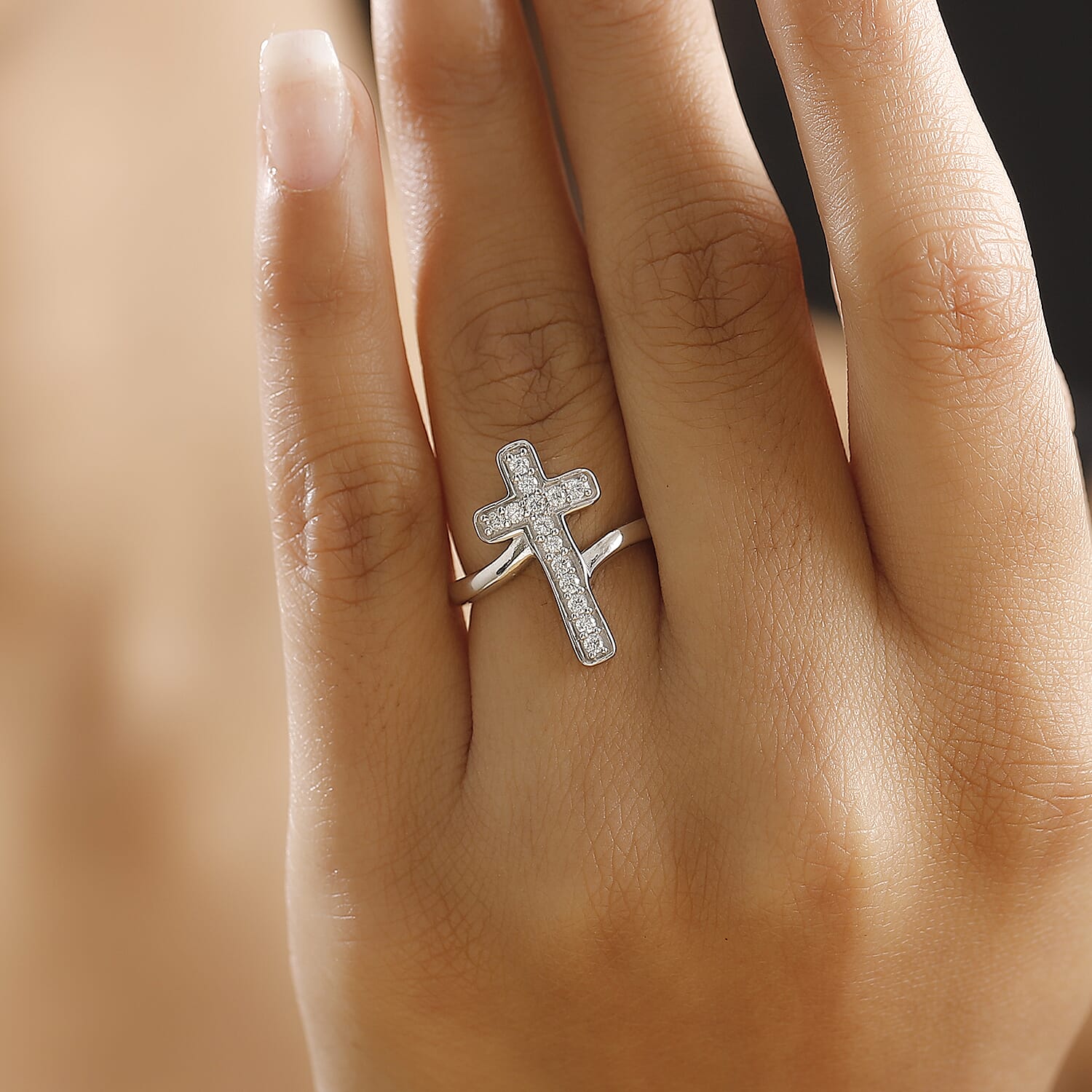 Moissanite Cross Ring in Rhodium Overlay Sterling Silver 7987795 2