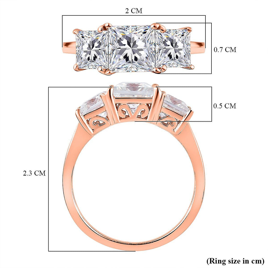 Moissanite 3 Stone Ring in 18K Rose Gold Vermeil Plated Sterling Silve 2.52 Ct.