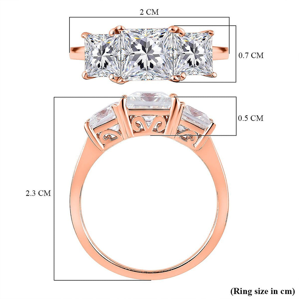 Moissanite 3 Stone Ring in 18K Rose Gold Vermeil Plated Sterling Silve 2.52 Ct.