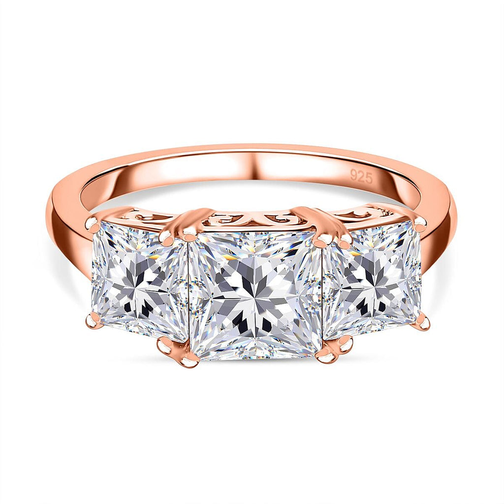 Moissanite 3 Stone Ring in 18K Rose Gold Vermeil Plated Sterling Silve 2.52 Ct.