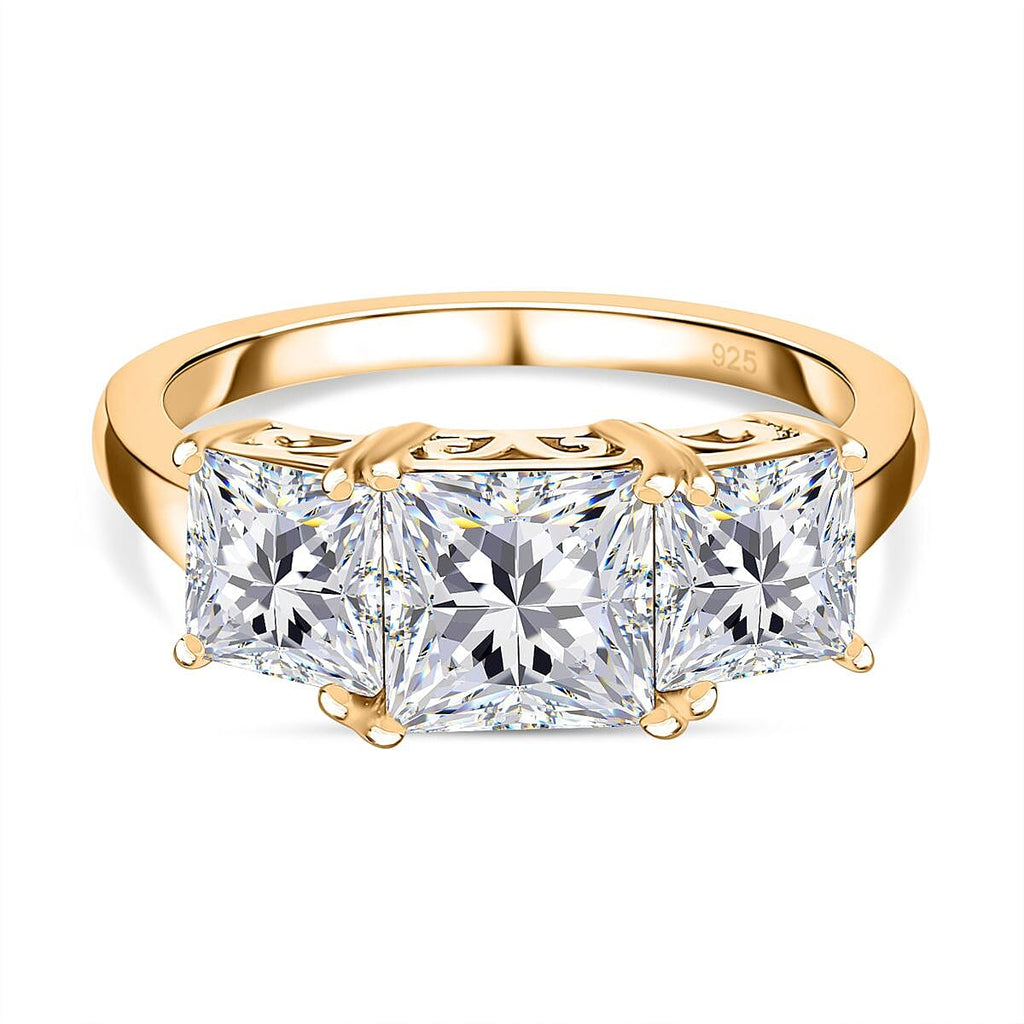 Moissanite 3 Stone Ring in 18K Yellow Gold Vermeil Plated Sterling Silve 2.52 Ct.