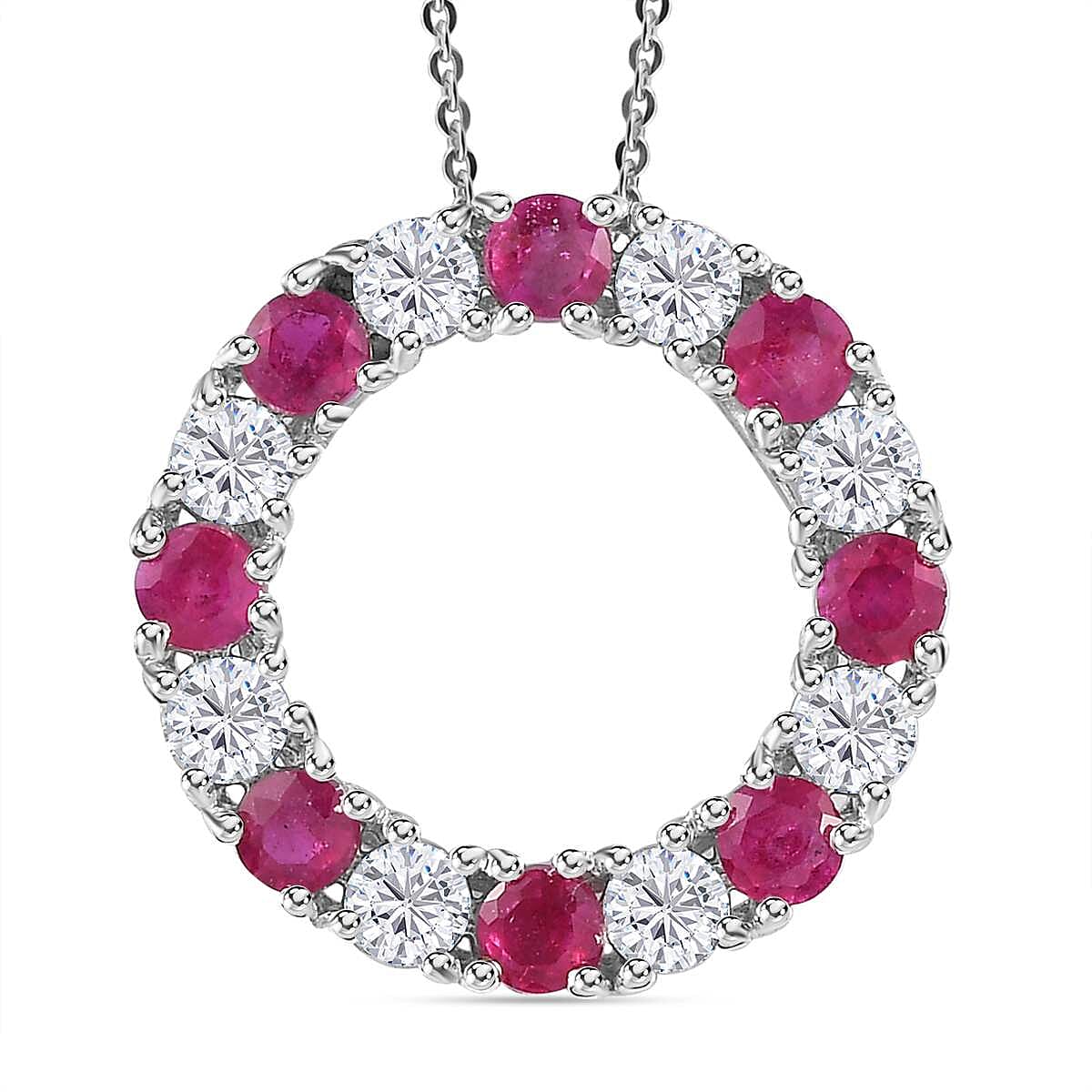 African Ruby &amp; Moissanite Circle Pendant with Chain (Size 20) in Platinum Overlay Sterling Silver 2.30 Ct. 4246784 0