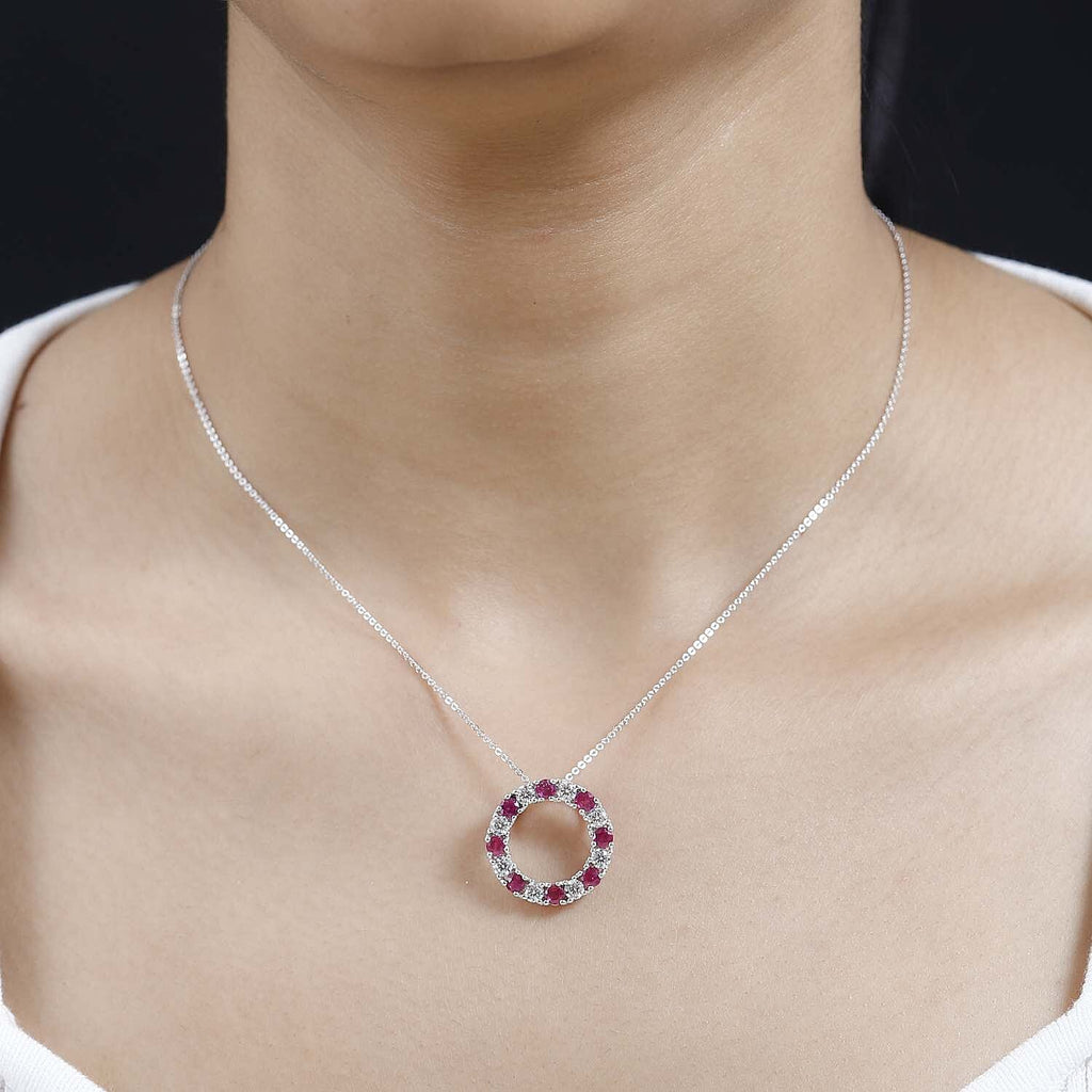 African Ruby & Moissanite Circle Pendant with Chain (Size 20) in Platinum Overlay Sterling Silver 2.30 Ct.