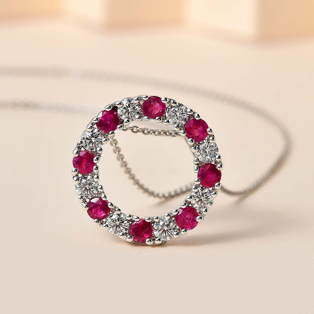 African Ruby & Moissanite Circle Pendant with Chain (Size 20) in Platinum Overlay Sterling Silver 2.30 Ct.