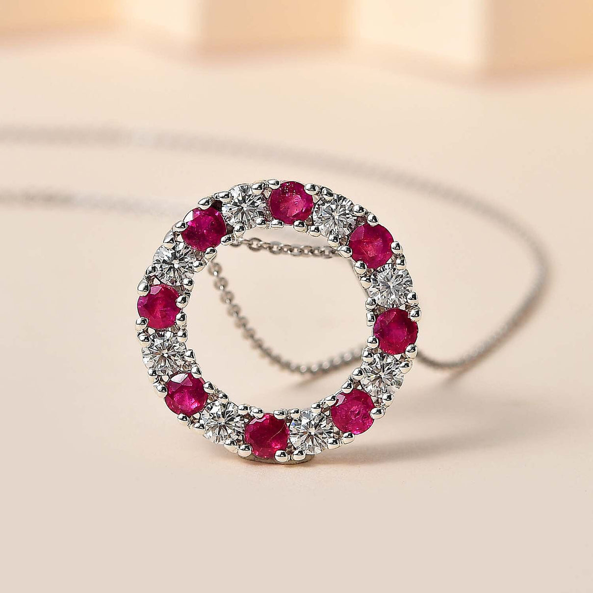 African Ruby &amp; Moissanite Circle Pendant with Chain (Size 20) in Platinum Overlay Sterling Silver 2.30 Ct. 4246784 2