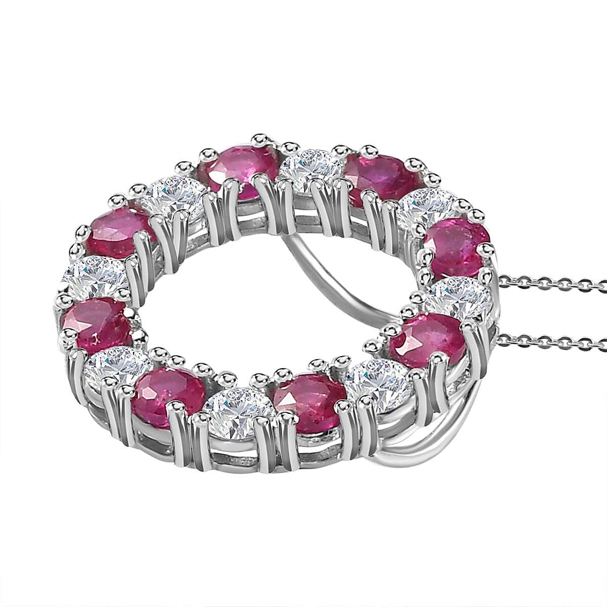 African Ruby &amp; Moissanite Circle Pendant with Chain (Size 20) in Platinum Overlay Sterling Silver 2.30 Ct. 4246784 3