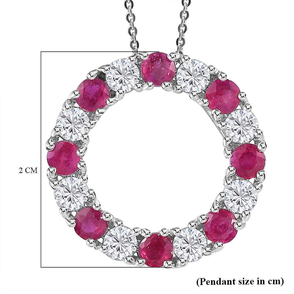 African Ruby & Moissanite Circle Pendant with Chain (Size 20) in Platinum Overlay Sterling Silver 2.30 Ct.